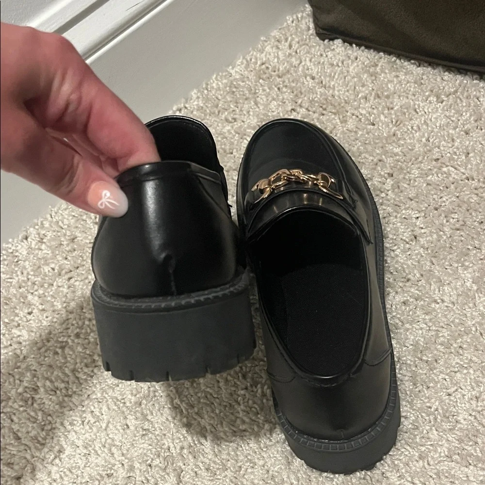 Zara Black Loafers with Gold Chain Detail